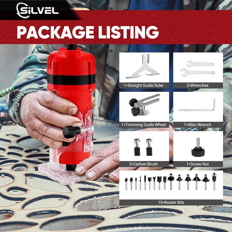 SILVEL Wood Router, 800W Wood Routers for Woodworking, 6.5Amp 1.25HP Hand Wood Router Tool, 30000R/MIN Compact Edge Trimmer with 15 1/4" Router Bit Set, Red - Image 2